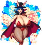  1girl animal_ears black_bow black_bowtie black_cape black_headwear blue_hair blunt_bangs bow bowtie breasts cape earrings erkaz fishnet_pantyhose fishnets foot_out_of_frame hat hat_ribbon high_heels highres huge_breasts jewelry leg_up leotard looking_at_viewer medium_hair open_mouth original pantyhose rabbit_ears rabbit_tail red_eyes red_footwear red_leotard red_ribbon ribbon rina_atherina shadow smile solo standing standing_on_one_leg tail top_hat wrist_cuffs 