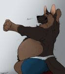  absurd_res anthro belly big_belly big_butt blep blue_clothing blue_underwear brown_body brown_fur butt canid canine canis clothing domestic_dog duke_(sheppyduke) fur german_shepherd grey_background herding_dog hi_res male mammal overweight overweight_anthro overweight_male pastoral_dog rear_view sheppyduke simple_background sitting solo stretching tail tongue tongue_out underwear 