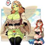  2girls absurdres belt blue_eyes blue_sky border braid breasts cloud cloudy_sky collarbone colored_skin crossed_arms curly_hair day desert diadem duel_monster fingerless_gloves flying_sweatdrops gloves goggles goggles_on_head green_skin grey_eyes heart highres kozmo_farmgirl kozmo_goodwitch large_breasts lewdamone lifted_by_self light_brown_hair lips long_hair looking_at_another multiple_girls navel nipple_slip nipples orange_hair outdoors panties panty_pull pointy_ears pubic_tattoo puckered_lips pussy pussy_peek robe sky smile spoken_heart sun tattoo thighhighs twin_braids underwear white_border yu-gi-oh! 