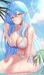  1girl ahoge bikini black_choker blue_hair blue_sky breasts choker closed_mouth cloud crossed_bangs day elf heart heart_ahoge highres hololive large_breasts leaf long_hair looking_at_viewer navel nibosi outdoors pointy_ears pulled_by_self sitting sky strap_pull sunlight swimsuit very_long_hair virtual_youtuber water wet white_bikini yellow_eyes yukihana_lamy 