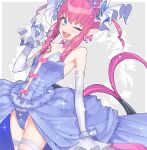 1girl blue_eyes blush border bow choker collarbone demon_tail dragon_tail drill_hair drill_sidelocks earrings elbow_gloves elizabeth_bathory_(cinderella_rider)_(fate) elizabeth_bathory_(fate) elizabeth_bathory_(fate/extra_ccc) eyelashes fangs fate/grand_order fate_(series) flat_chest gloves grey_background highres horns jewelry kujiraoka looking_at_viewer official_alternate_costume one_eye_closed open_mouth pink_bow pink_hair pinky_out pointy_ears sidelocks solo tail thighhighs tiara white_border 