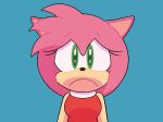  1girl amy_rose blue_background deejamari dress furry furry_female green_eyes highres looking_at_viewer red_dress sad simple_background solo sonic_(series) straight-on upper_body 