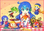  5girls absurdres arle_nadja birthday_cake blonde_hair blue_eyes blue_hair blush broom broom_riding brown_hair cake candle character_request chibi china_dress chinese_clothes closed_mouth draco_centauros dragon_girl dragon_horns dragon_tail dress earrings food green_eyes green_hair happy_birthday highres horns jewelry long_hair madou_monogatari mermaid monster_girl multiple_girls offbeat open_mouth parted_lips puyopuyo red_dress rulue_(puyopuyo) serilly_(puyopuyo) short_hair short_ponytail smile suketoudara sweatdrop tail witch_(puyopuyo) 