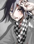 1boy blood blood_on_face blush checkered_clothes checkered_scarf danganronpa_(series) danganronpa_v3:_killing_harmony grey_background grey_jacket hair_between_eyes hand_up highres jacket kasou_(roomno404_) long_sleeves male_focus nosebleed oma_kokichi open_mouth pink_eyes scarf solo teeth upper_teeth_only 