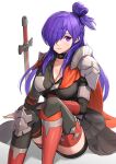  1girl absurdres breasts choker cleavage fire_emblem fire_emblem:_three_houses fire_emblem_warriors:_three_hopes gonzarez hair_over_one_eye highres large_breasts long_hair looking_at_viewer purple_eyes purple_hair shez_(female)_(fire_emblem) shez_(fire_emblem) sitting smile solo sword thighhighs thighs weapon white_background 