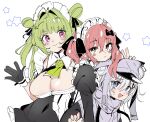  3girls absurdres animal_ear_headwear animal_ears antenna_hair apron ascot blue_eyes blush bow breasts cat_ears cleavage cocoa_(nikke) double_bun dress fake_animal_ears frills gloves goddess_of_victory:_nikke green_ascot green_hair grey_hair hair_between_eyes hair_bow hair_bun highres hood jacket long_hair long_sleeves maid_apron maid_headdress multiple_girls n102_(nikke) open_mouth pink_hair ribbon short_hair sleeveless small_breasts smile soda_(nikke) solo twintails two-tone_gloves utsusumi_kio visor_cap white_gloves white_hair yellow_eyes 