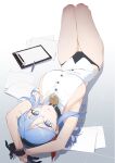  1girl ako_(blue_archive) bare_shoulders bell black_panties blue_archive blue_eyes blue_hair breasts cowbell highres looking_at_viewer lying on_back panties paper pen shiliuye_zhongguo shirt sideboob simple_background solo underwear white_shirt 