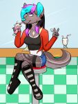  anthro beverage boots bottomwear cafe canid canine canis chair clothing drinking female fishnet fishnet_leggings fishnet_legwear footwear furniture hi_res hybrid legwear looking_at_viewer mammal milkshake on_chair shempu_(artist) shorts sitting sitting_on_chair smile smiling_at_viewer solo sonja_wusky thong_straps wolfdog 