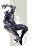  1boy animal_ears arm_up black_panther_(film) black_panther_(marvel) bodysuit cat_ears claws full_body legs_apart male_focus marvel marvel_cinematic_universe midair muni_(fdrk) pectorals skin_tight solo superhero thighs toned toned_male 
