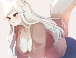  anthro areola biped blush braless breasts canid canine clothing dipstick_tail female fox fur hair hi_res leaning leaning_forward long_hair looking_aside mammal markings nipple_slip nipples onikuman pink_nose side_view simple_background smile solo sweater tail tail_markings topwear white_body white_fur white_hair 