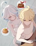  1boy 1girl :t aether_(genshin_impact) blonde_hair blue_eyes blue_hair breasts closed_mouth dress food from_behind furina_(genshin_impact) genshin_impact hair_between_eyes hair_over_one_eye heterochromia highres mockingeu muscular muscular_male open_mouth pancake small_breasts steak symbol-shaped_pupils topless_male white_dress white_hair yellow_eyes 