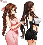  2girls aerith_gainsborough black_hair braid braided_ponytail breasts brown_hair crop_top dress english_commentary final_fantasy final_fantasy_vii final_fantasy_vii_remake gloves green_eyes highres jewelry large_breasts long_hair low-tied_long_hair mina_cream multiple_girls parted_bangs pink_dress sidelocks skirt small_breasts suspender_skirt suspenders tank_top tifa_lockhart white_tank_top 