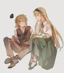  1boy 1girl absurdres blonde_hair blouse blush book brown_hair crossed_legs dress hair_between_eyes hairband highres holding holding_book link long_hair looking_at_another pointy_ears princess_zelda purple_eyes shirt short_hair simple_background sitting smile the_legend_of_zelda the_legend_of_zelda:_tears_of_the_kingdom white_shirt yuno_11_02 