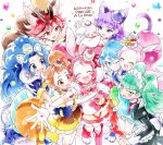  6+girls :d ^_^ animal_ears aqua_hair arisugawa_himari biburi_(precure) blue_eyes blue_footwear blue_gloves blue_hair boots bow brown_eyes brown_hair brown_headwear cat_ears cat_tail choker closed_eyes copyright_name cure_chocolat cure_custard cure_gelato cure_macaron cure_parfait cure_waffle cure_whip dog_ears dog_tail dress earrings english_text extra_ears food food-themed_hair_ornament gloves green_eyes green_hair hair_ornament hairband hat hug jewelry julio_(precure) kenjou_akira kirahoshi_ciel kirakira_precure_a_la_mode kotozume_yukari lion_ears lion_tail long_hair magical_girl maid maid_headdress multiple_girls one_eye_closed open_mouth pekorin_(precure) pink_hair pom_pom_(clothes) ponytail precure purple_eyes purple_hair purple_tail rabbit_ears red_choker red_eyes red_hair shinoasa short_hair skirt smile squirrel_ears squirrel_tail star_(symbol) tail tategami_aoi twintails usami_ichika white_background white_gloves yellow_eyes 