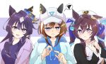  3girls animal_ears baseball_cap blue_eyes blue_sweater blush bob_cut bright_pupils brown_hair cheval_grand_(umamusume) ear_covers hair_between_eyes hat hood hooded_sweater horse_ears horse_girl inverted_bob jewelry long_hair looking_at_another looking_at_viewer mole mole_under_eye multicolored_hair multiple_girls necklace peaked_cap purple_eyes purple_hair purple_shirt purple_sweater sailor_hat shirt short_hair siblings single_ear_cover sisters spoken_squiggle squiggle streaked_hair sweater twintails umamusume upper_body uru1_san verxina_(umamusume) vivlos_(umamusume) white_hair white_headwear 