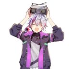  1boy :d ^_^ absurdres arms_up black_jacket blush_stickers closed_eyes facing_viewer fuwa_minato grey_hair hair_between_eyes highres holding jacket long_sleeves male_focus multicolored_hair nijisanji open_clothes open_jacket puffy_long_sleeves puffy_sleeves purple_hair red_hair shirt simple_background smile sofra solo stereo streaked_hair upper_body virtual_youtuber white_background white_shirt 