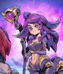  1girl alternate_costume alternate_hair_color blue_background blue_flower blush breasts centaur colored_skin dark_skin extra_eyes flower hair_flower hair_ornament holding holding_staff league_of_legends lillia_(league_of_legends) long_hair looking_at_another medium_breasts navel phantom_ix_row pink_background pointy_ears purple_skin smile solo_focus staff taur void_(league_of_legends) white_background 