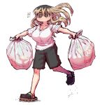  1girl black_shorts blonde_hair blush breasts brown_eyes cleavage crocs flying_sweatdrops highres holding kinjo_no_hito_no_nakimushi large_breasts long_hair no_mouth ochiai_(kinjo_no_hito_no_nakimushi) official_alternate_costume outstretched_arms shirt shoes shorts solo spread_arms t-shirt trash_bag white_background white_shirt zyugoya 