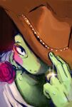  ambiguous_gender amphibian anthro blush bodily_fluids close-up clothed clothing cowboy_hat digit_ring drawfee_(copyright) flower flower_in_mouth frog green_body hat headgear headwear jewelry looking_at_viewer ottororin plant ribbit_ranger ring rose_(flower) rose_in_mouth shirt solo sweat topwear wedding_ring 