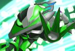  armor asymmetrical_armor black_armor frog green_armor green_background green_eyes hopping kamen_rider kamen_rider_geats_(series) kamen_rider_kekera mechanical_parts miyabi_(037) neon_lights neon_trim no_humans science_fiction white_armor 