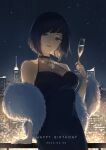  1girl against_railing bangle bare_shoulders birthday black_hair blue_dress blue_hair bob_cut bracelet breasts choker city city_lights cityscape cleavage covered_collarbone cup dated diagonal_bangs dress drinking_glass earrings eyebrows_hidden_by_hair genshin_impact green_eyes hand_on_railing hand_up happy_birthday highres holding holding_cup jewelry large_breasts looking_at_viewer mole mole_on_breast mskmmti multicolored_hair night outdoors parted_lips railing ring short_hair sky solo star_(sky) starry_sky wine_glass yelan_(genshin_impact) 