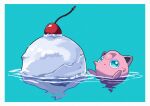  absurdres afloat border bright_pupils cherry closed_mouth food fruit green_background green_eyes highres ice jigglypuff looking_at_viewer pokemon ripples saiku_(zvlku) water white_border white_pupils 