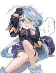  1girl ahoge ascot asymmetrical_gloves black_ascot black_gloves blue_brooch blue_eyes blue_gemstone blue_hair blue_jacket cowlick crying drop-shaped_pupils furina_(genshin_impact) gem genshin_impact gloves hair_between_eyes highres jacket light_blue_hair long_hair long_sleeves looking_at_viewer mismatched_gloves mismatched_pupils multicolored_hair open_mouth shorts simple_background solo translation_request white_gloves white_hair white_shorts yurayura_(mdeh5447) 