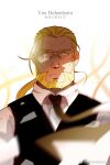  1boy beard blonde_hair dated expressionless facial_hair floating_neckwear fullmetal_alchemist glasses highres long_hair looking_at_viewer low_ponytail male_focus mature_male necktie r.l_(2089184064) solo straight-on tears_from_one_eye thick_eyebrows upper_body van_hohenheim vest 