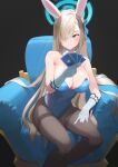  1girl :d absurdres animal_ears arm_support armchair asuna_(blue_archive) asuna_(bunny)_(blue_archive) bangs bare_shoulders black_pantyhose blue_archive blue_leotard bow breasts brown_hair card chair cleavage collarbone commentary_request detached_collar elbow_gloves fake_animal_ears gloves grey_eyes hair_over_one_eye hairband halo highleg highleg_leotard highres holding holding_card kkami15 large_breasts leotard long_hair looking_at_viewer official_alternate_costume pantyhose playboy_bunny playing_card rabbit_ears sidelocks simple_background sitting sleeveless smile solo strapless strapless_leotard white_gloves 