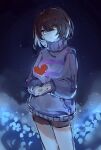  absurdres black_shorts dark_background flower frisk_(undertale) hazel_eyes heart highres medium_hair shorts sweater undertale xi_nai 