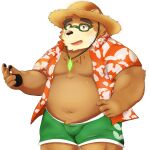  absurd_res aloha_shirt anthro bear belly bottomwear bulge clothed clothing eyewear glasses hat headgear headwear hi_res jewelry lifewonders male mammal navel necklace open_clothing open_shirt open_topwear overweight pattern_clothing pattern_shirt pattern_topwear pawpads ruoain shirt shorts solo straw_hat tokyo_afterschool_summoners topwear volos 