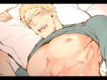  1boy bara bare_pectorals blonde_hair blush clothes_lift cum cum_on_body cum_on_boy cum_on_pectorals drooling implied_anal implied_sex implied_yaoi kyosuke large_pectorals lying male_focus muscular muscular_male on_back on_bed out-of-frame_censoring pectorals pillow reiner_braun shingeki_no_kyojin shirt_lift short_hair solo tears underpec 