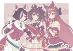  3girls :o animal_ears arm_garter aston_machan_(umamusume) breasts brown_hair cleavage closed_eyes cowboy_shot crown daiwa_scarlet_(scarlet_nuit_etoile)_(umamusume) daiwa_scarlet_(umamusume) dress ear_covers gloves green_eyes hair_intakes hair_over_one_eye hand_on_another&#039;s_shoulder highres holding holding_stuffed_toy horse_ears horse_girl horse_tail index_finger_raised jacket long_hair long_sleeves looking_at_viewer micca_(suisuisuigyo) multiple_girls open_mouth pants red_eyes red_gloves red_jacket sash short_hair shoulder_sash side_ponytail skirt small_breasts smile strapless strapless_dress stuffed_animal stuffed_toy tail teddy_bear tiara umamusume vodka_(nonfreezing_aqua_vitae)_(umamusume) vodka_(umamusume) white_pants white_skirt 