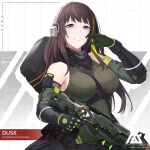  1girl artist_logo assault_rifle breasts brown_eyes brown_hair call_of_duty call_of_duty:_mobile character_name cosplay dusk_(call_of_duty:_mobile) girls&#039;_frontline gloves green_hair gun highres holding holding_gun holding_weapon long_hair looking_at_viewer m4a1_(girls&#039;_frontline) m4a1_(girls&#039;_frontline)_(cosplay) m4a1_(mod3)_(girls&#039;_frontline) mask multicolored_hair particle_cannon_case rifle skull_mask solo streaked_hair weapon 