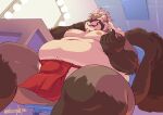  anthro asian_clothing balls_outline belly brown_body brown_fur bulge canid canine clothing east_asian_clothing fundoshi fur genital_outline goemon_(tas) hair hi_res japanese_clothing japanese_text lifewonders long_ears low-angle_view male mammal mangolynx overweight pecs ponytail raccoon_dog solo tanuki text tokyo_afterschool_summoners underwear 