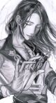  1boy ao_(en6gtl) bishounen chest_jewel closed_eyes eyelashes fate/grand_order fate_(series) floating_hair greyscale harp highres instrument large_hands long_hair male_focus monochrome music open_hand playing_instrument solo tristan_(fate) upper_body 