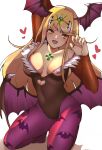  1340smile 1girl :d absurdres animal_print bat_print bat_wings blonde_hair blush breasts clothing_cutout core_crystal_(xenoblade) cosplay fangs head_wings heart heart_cutout highres large_breasts leotard long_hair looking_at_viewer morrigan_aensland morrigan_aensland_(cosplay) mythra_(xenoblade) open_mouth pantyhose print_pantyhose smile solo swept_bangs vampire_(game) wings xenoblade_chronicles_(series) xenoblade_chronicles_2 yellow_eyes 