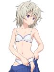  1girl blue_skirt bra breasts collarbone grey_hair high_school_fleet highres medium_hair navel panties parted_lips pleated_skirt purple_eyes simple_background skirt small_breasts solo tateishi_shima underwear undressing white_background white_bra white_panties yotubeya 