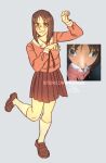  1girl artist_name azumanga_daioh azumanga_daioh&#039;s_school_uniform black_skirt brown_eyes brown_hair dated grey_background highres kasuga_ayumu looking_at_viewer parted_bangs parted_lips paw_pose pink_shirt pleated_skirt school_uniform shirt skirt smile socks solo tabris_(stereoinprision) watermark white_socks 