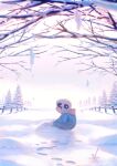  1boy black_shorts blue_jacket character_name day highres hood hood_down hooded_jacket jacket korokor59513559 looking_at_viewer male_focus outdoors sans shorts sitting skeleton snow snowing solo teeth tree undertale 