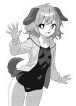  1girl animal_ears collarbone cowboy_shot dog_ears dog_tail fang greyscale jacket kasodani_kyouko long_sleeves monochrome one-piece_swimsuit onkn_sxkn open_clothes open_jacket open_mouth short_hair simple_background smile solo swimsuit tail touhou white_background 