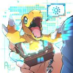  agumon ayo_(ayosanri009) chain claws colored_skin creature digimon digimon_(creature) digivice fangs fingernails glitch green_eyes open_mouth orange_skin signature size_difference sun tongue toy 