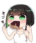  1girl allmind_(armored_core_6) armored_core armored_core_6 bare_arms bare_shoulders black_hair blush camisole chibi food food_in_mouth green_eyes green_hair hands_up highres i.u.y mouth_hold multicolored_hair pocky simple_background solo too_many translation_request two-tone_hair v-shaped_eyebrows white_background white_camisole 