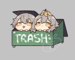  1boy 1girl banana_peel caelus_(honkai:_star_rail) chibi citrusbum closed_mouth english_commentary grey_background grey_hair hair_between_eyes highres honkai:_star_rail honkai_(series) in_trash_can light_blush open_mouth signature simple_background stelle_(honkai:_star_rail) trailblazer_(honkai:_star_rail) trash yellow_eyes 