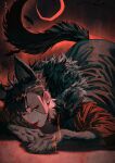  1boy animal animal_ears animal_hands bat_(animal) black_background black_fur black_hair claws crescent_moon fangs fur_collar haikyuu!! kinsatsu_(grizzled) kuroo_tetsurou looking_at_viewer male_focus monster_boy monsterification moon red_background red_eyes short_hair solo stitched_face stitches tail tongue tongue_out top-down_bottom-up wolf_boy wolf_ears wolf_tail 