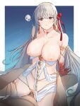  1boy 1girl armlet bare_shoulders belly_chain blush body_markings bracelet breasts breasts_out censored clothes_pull collarbone colored_skin cowgirl_position durga_(fate) earrings facial_mark fate/grand_order fate_(series) forehead_mark girl_on_top gradient_skin grey_hair hair_ribbon hetero highres jewelry large_breasts long_hair nipples pelvic_curtain penis pussy red_eyes red_skin revealing_clothes ribbon sash sex straddling thighs vaginal very_long_hair zourion 