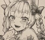  1girl :d animal_ears blush bow braid cat_ears commentary_request fang greyscale hair_bow kaenbyou_rin long_sleeves looking_at_viewer monochrome open_mouth shikishi side_braids simple_background smile solo teeth touhou twin_braids upper_body upper_teeth_only yomogi_0001 