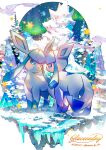  artist_name blue_eyes bright_pupils character_name closed_mouth commentary_request dated ekm eye_contact glaceon ice looking_at_another no_humans outdoors pokemon pokemon_(creature) rock smile snow standing white_pupils 