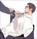  2boys bara black_suit brown_hair facial_hair glasses goatee hand_on_another&#039;s_arm jacket jacket_partially_removed kamatantantan kiryu_kazuma looking_at_another male_focus mature_male multiple_boys muscular muscular_male necktie necktie_grab neckwear_grab out_of_frame pectorals profile ryuu_ga_gotoku_(series) ryuu_ga_gotoku_7_gaiden shirt short_hair sideburns simple_background striped_suit suit sweatdrop upper_body white_background white_shirt 