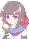 1girl alicia_(aris_lily0418) arm_at_side assault_lily blue_sailor_collar blunt_bangs brown_hair cherry closed_mouth cup detached_sleeves drinking drinking_glass drinking_straw drinking_straw_in_mouth food fruit hair_intakes hair_ribbon hand_up highres holding holding_cup ice_cream ice_cream_float kozue_west long_hair looking_at_viewer neckerchief odaiba_girls_high_school_uniform purple_eyes purple_neckerchief red_ribbon ribbon sailor_collar school_uniform serafuku shirt sidelocks simple_background sleeveless sleeveless_shirt solo upper_body white_background white_shirt 